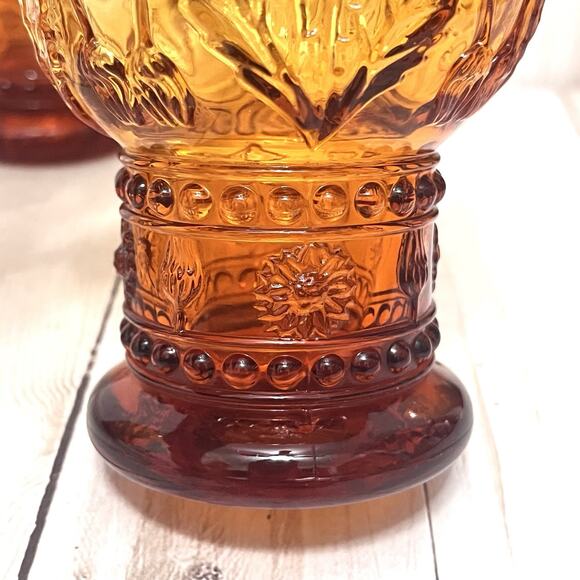 Anthropologie Rare & Retired HELIANTHUS Amber Water Daisy Pedestal Goblets Set 4 - Picture 4 of 10